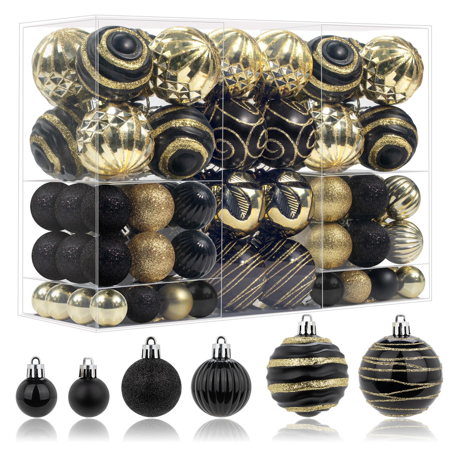 View 1 of 100 Pcs Christmas Ball Ornaments Set, Black and Gold Xmas Tree Decoration, Shatterproof Decorative Hanging Balls with Loop for Christmas Party Holiday Wreath Garland Home Decor