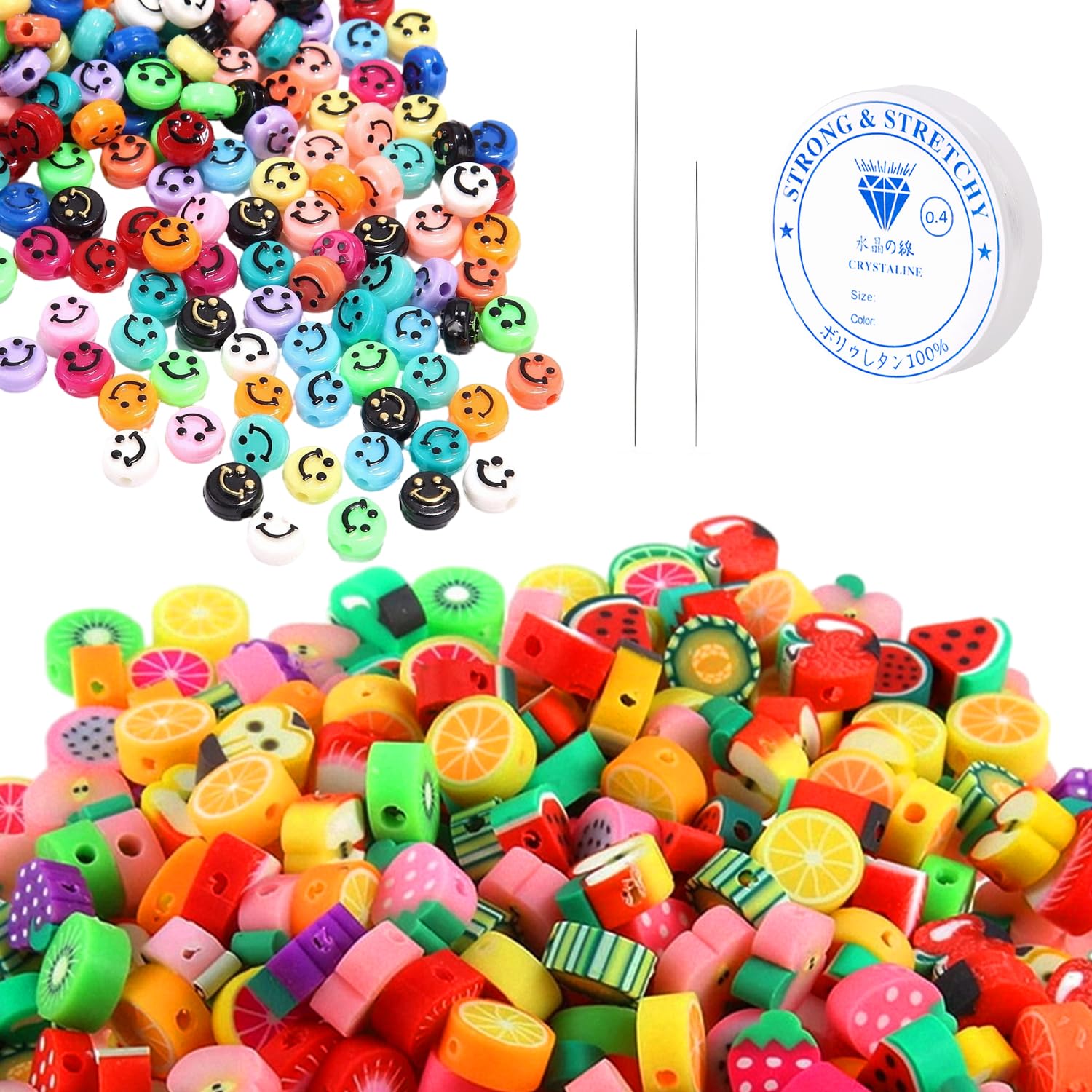 GVSAVY 100PCS Multicolored Fruit Beads with 100PCS Smiley Face Beads, 1 Roll of Elastic Crystal Rope, 2PCS Beading Needles, Jewelry Accessories, Suitable for DIY Bracelets, Necklaces, Etc.
