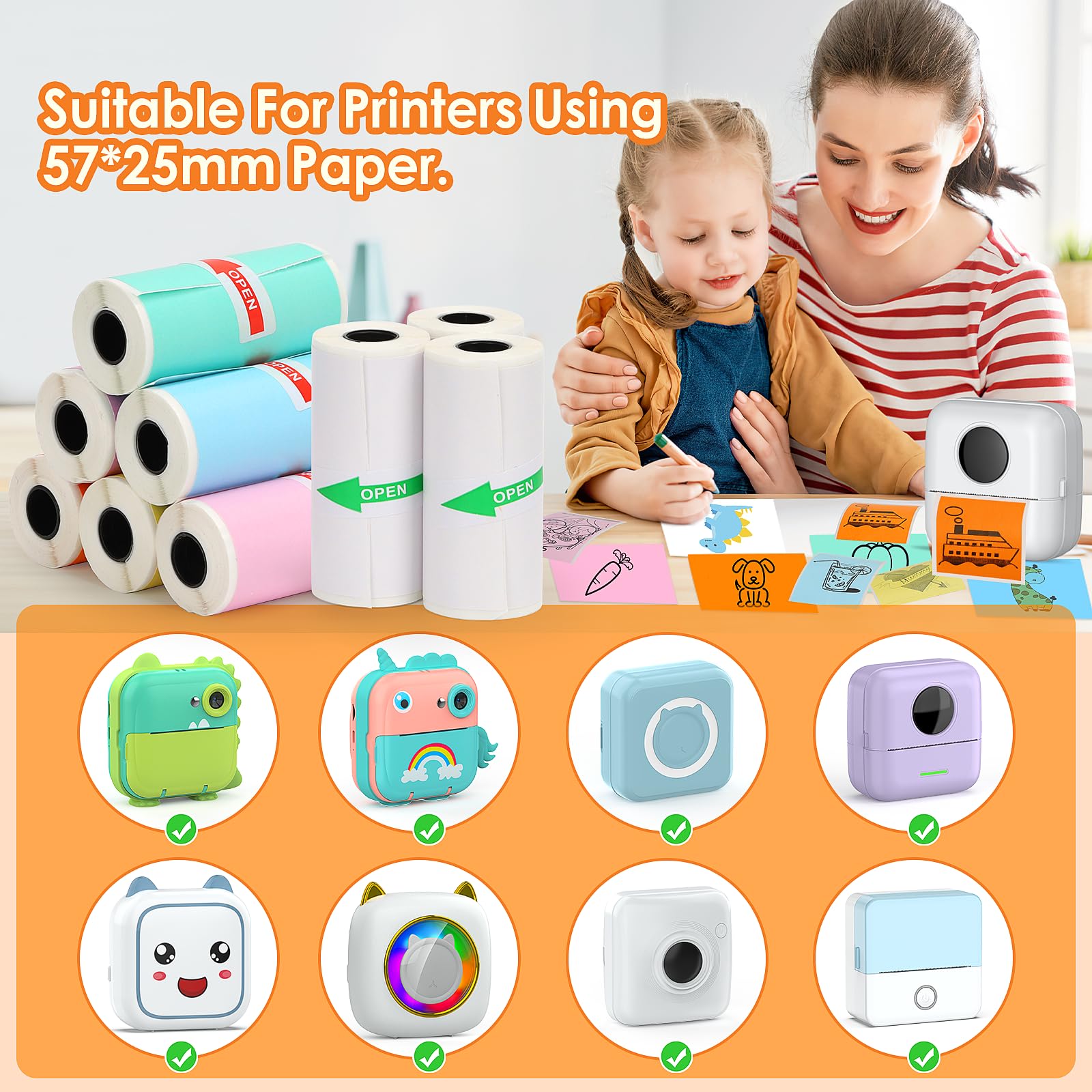 HuiJuKeJi 9 Rolls Mini Printer Sticker Paper,Thermal Self-Adhesive Paper 57 * 25mm,3 Rolls of White &6 Rolls of Colour Paper for Pocket Inkless Portable Bluetooth Printer to Print Photo,Note