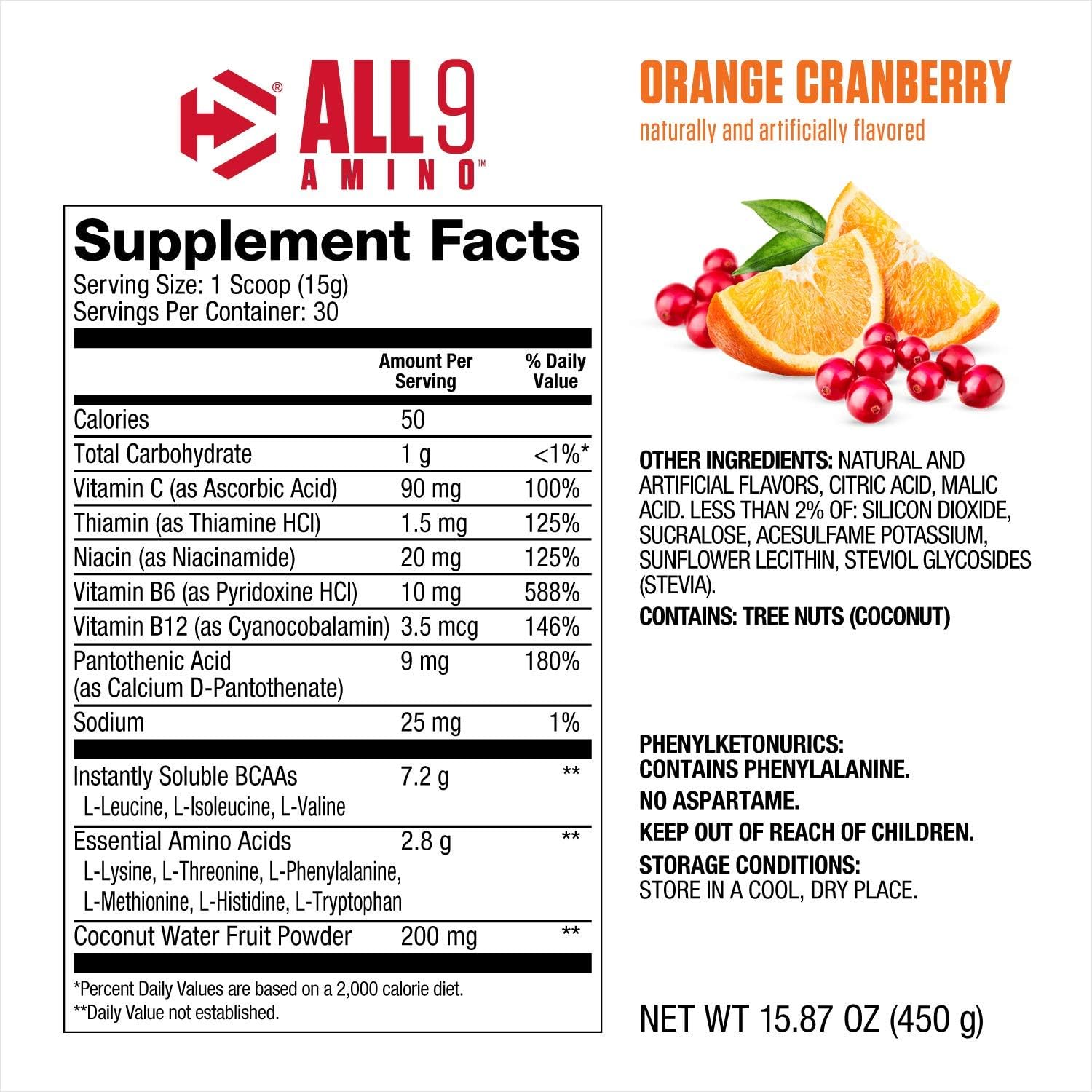 Amazon.com: Dymatize All9 Amino, 7.2g of BCAAs, 10g of Full Spectrum  Essential Amino Acids Per Serving for Recovery and Optimal Muscle Protein  Synthesis, Orange Cranberry, 30 Servings, 15.87 Ounce: Health & Personal