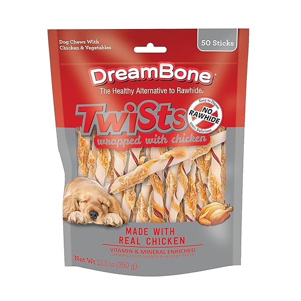 DREAMBONE TWIST STICKS, WRAPPED WITH REAL CHICKEN, RAWHIDE-FREE CHEWS FOR DOGS, 50 COUNT