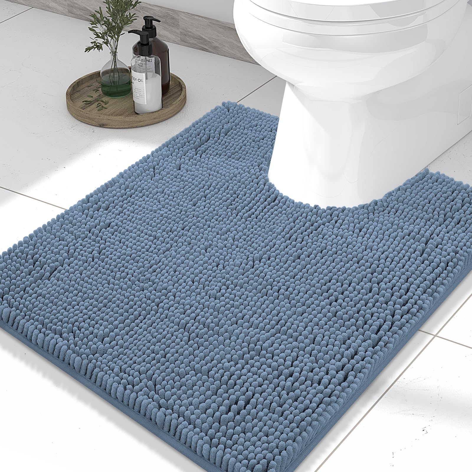 Photo 1 of Smiry Luxury Chenille Toilet Rugs U-Shaped 24x20, Soft Absorbent Non-Slip Contour Bathroom Rugs for Toilet, Machine Washable Contoured Bath Mats, Grayish Blue