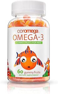 Coromega Kids Omega 3 Fish Oil Gummies, 50mg DHA and 10 mg EPA of Omega-3s Fatty Acids, Dietary Supplement, Orange, Lemon, and Strawberry Banana Flavors, 60 Gummies per Bottle