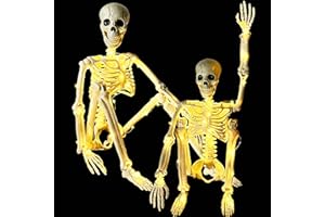 SNORECAT 2 Pack Halloween Decorations 36" Skeleton with Light, Halloween Indoor/Outdoor Decor, 3FT Large Hanging Realistic Movable Posable Joints Skeleton, Halloween Skeleton for Graveyard Decorations