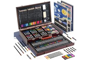 GOTIDEAL 143 Piece Deluxe Art Set,Art Supplies with 3 Drawing Pads,Waterclolr Paints,Crayons,Colored Pencils,Paint Set in Wooden Case,Professional Art Kit Gift,Adults,Teens,Beginners（Auburn）