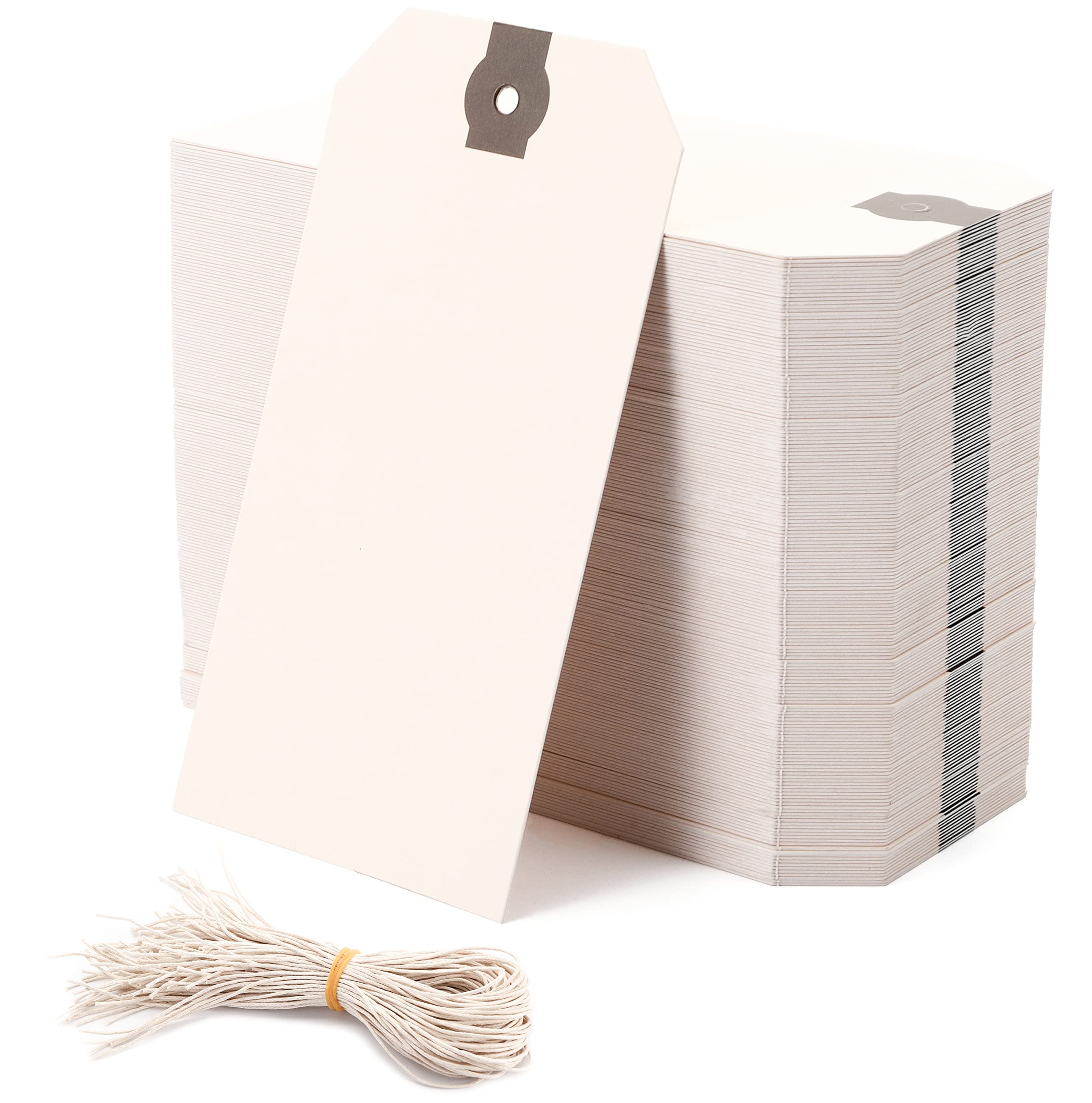 WUWEOT 200 Pack 12 x 6 cm Shipping Tags with String, Blank Paper Tags with Reinforced Hole, for Arts & Craft, Luggage Label, Weddings, Valentines & Birthday, Manila