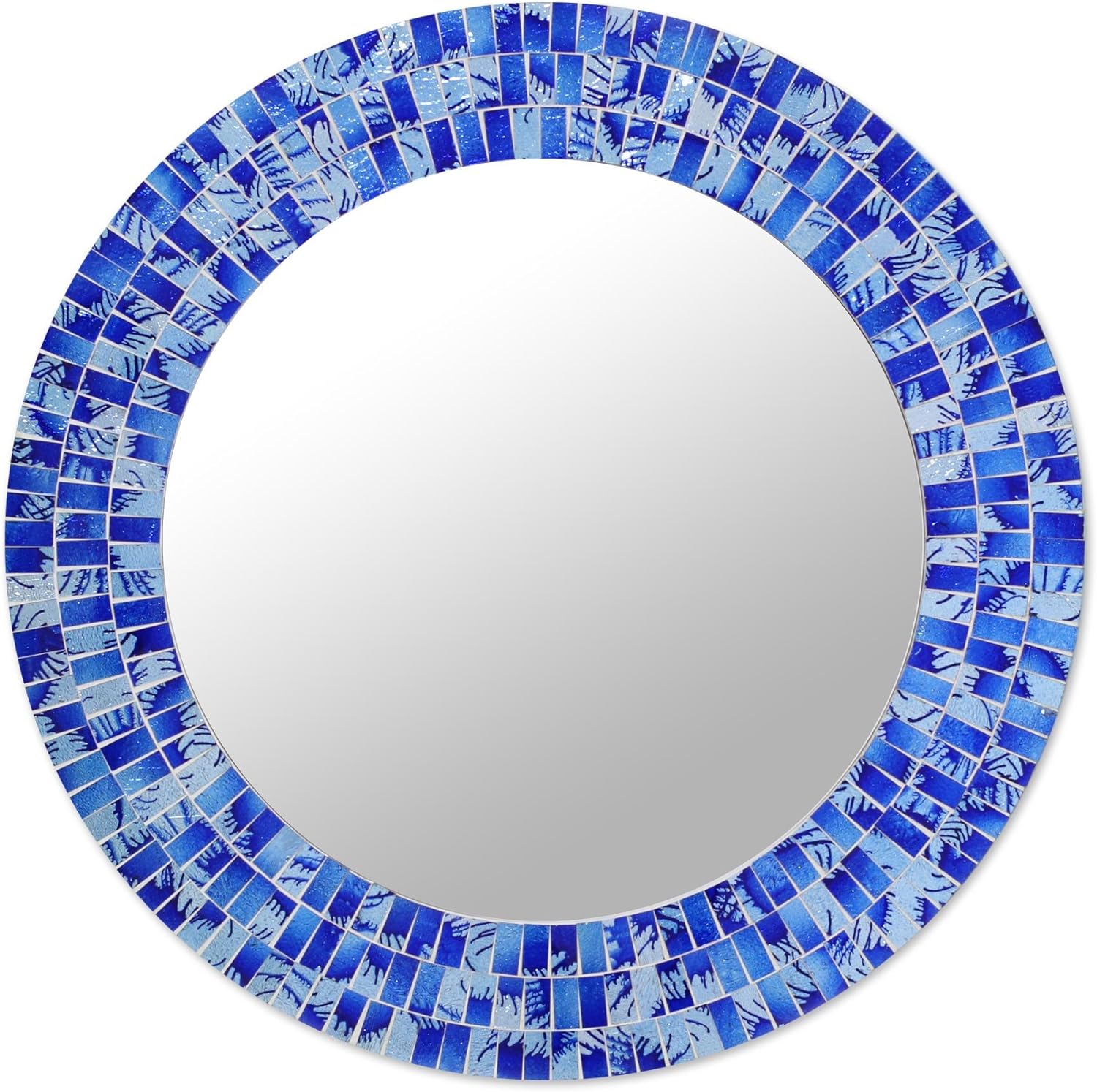 NOVICA Blue Glass Mosaic Wood Framed Round Decorative Wall Mounted Mirror, Tropical Fusion' (Large)