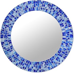 NOVICA Blue Glass Mosaic Wood Framed Round Decorative Wall Mounted Mirror, Tropical Fusion' (Large)