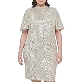 Eliza J Womens Style Sequin Sheath Flutter Sleeve Mock Neck Dress