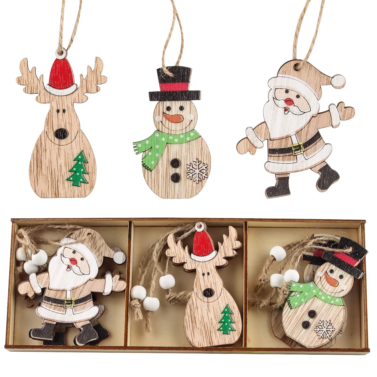9pcs Christmas Tree Hanging Ornaments, Wooden Ornaments Finished Set, Wooden Hanging Ornaments with Boxes, A Variety of Patterns, Pendant Christmas Holiday Ornaments, Natural Wooden Slices (MZ363)