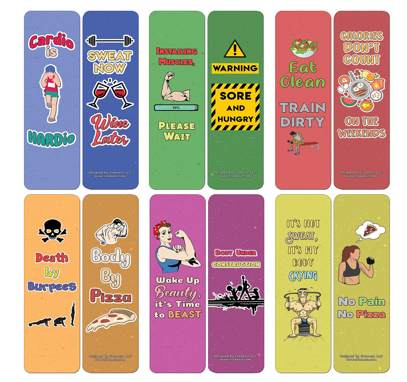 Creanoso Funny Work Out Bookmarks (12-Pack) - Stocking Stuffers Premium Quality Gift Ideas for Children, Teens, & Adults - Corporate Giveaways & Party Favors