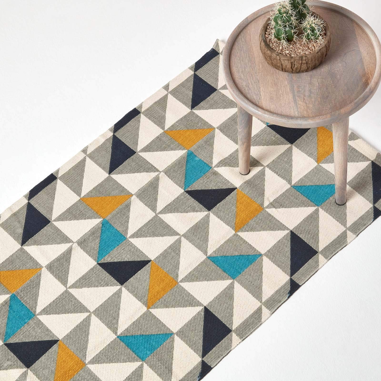 HOMESCAPES Geometric Printed Halway Runner 'Copenhagen' 100% Cotton Blue, Yellow, Grey & White Contemporary Hallway Rug, 66 x 200 cm
