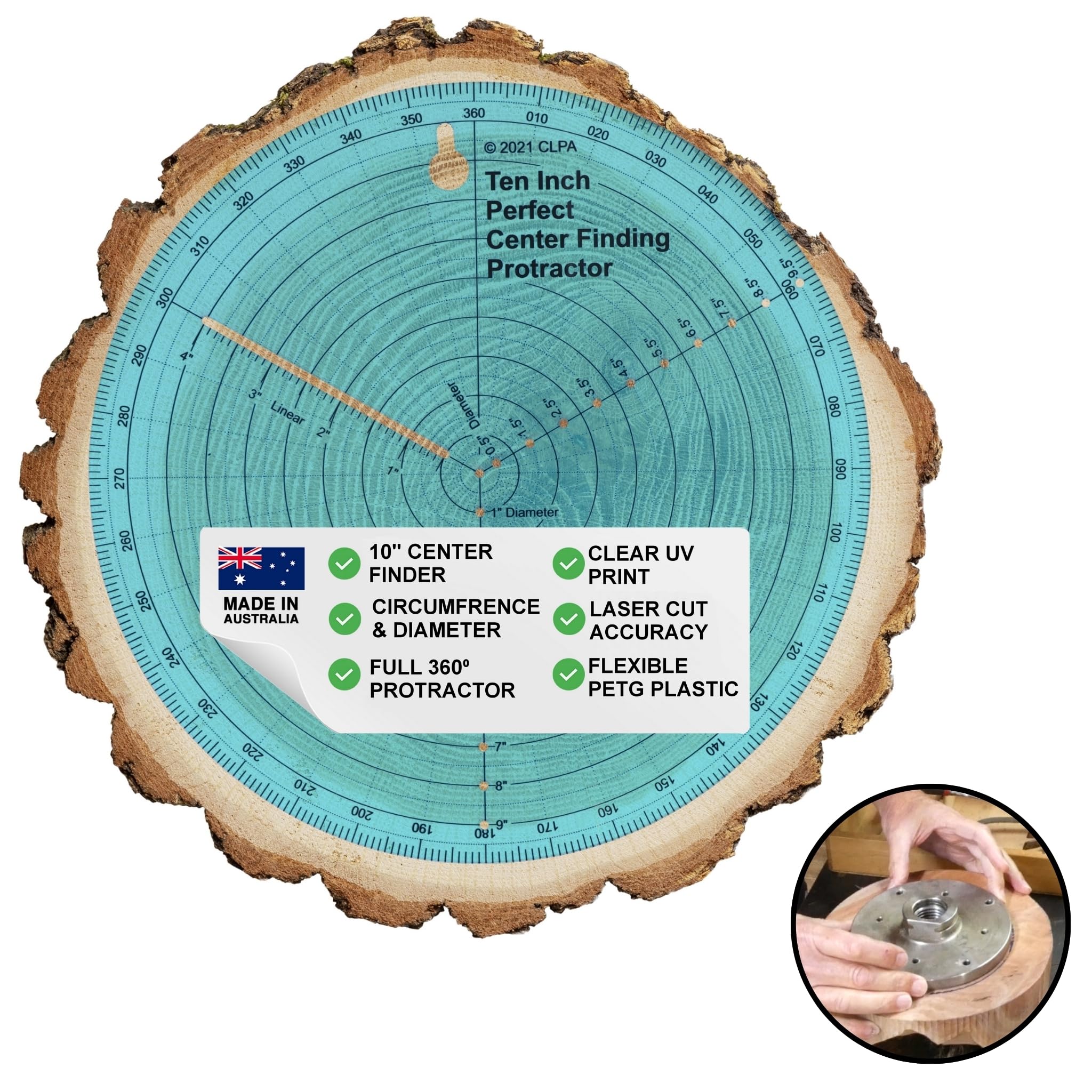 CLPA 10" Circle Center Finder Tool — Round Center Finder for Woodturning | Protractor, Circle Maker and Dowel Center Finder | Clear PETG | Made in Australia