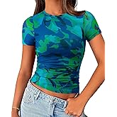 BTFBM Womens Sheer Mesh Summer Tops 2025 Crewneck Short Sleeve Print Ruched Crop Top Slim Fit Club Going Out T Shirts