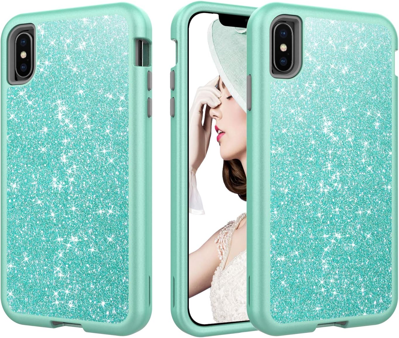 Women Case for iPhone Xs Max Case, Solomo Luxury Bling Glitter Heavy Duty Hybrid Sturdy Armor Defender High Impact Shockproof Protective Cover Bling Case for iPhone Xs Max 6.5 inch (Teal)