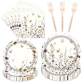 Rngmsi Wildflower Fall Party Tableware Decorations, 96PCS Flower Birthday Party Plates Napkins and Forks Supplies, Autumn Disposable Floral Baby Shower Bridal Shower Wedding Decor 24 Guests