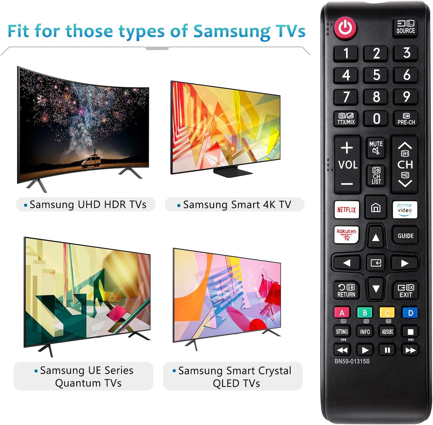 BN59-01315B-for-Samsung-Smart-TV-Remote-Control, Universal Replacement for Samsung 4K UHD HDR Crystal QLED UE Series Quantum TVs - Image 3