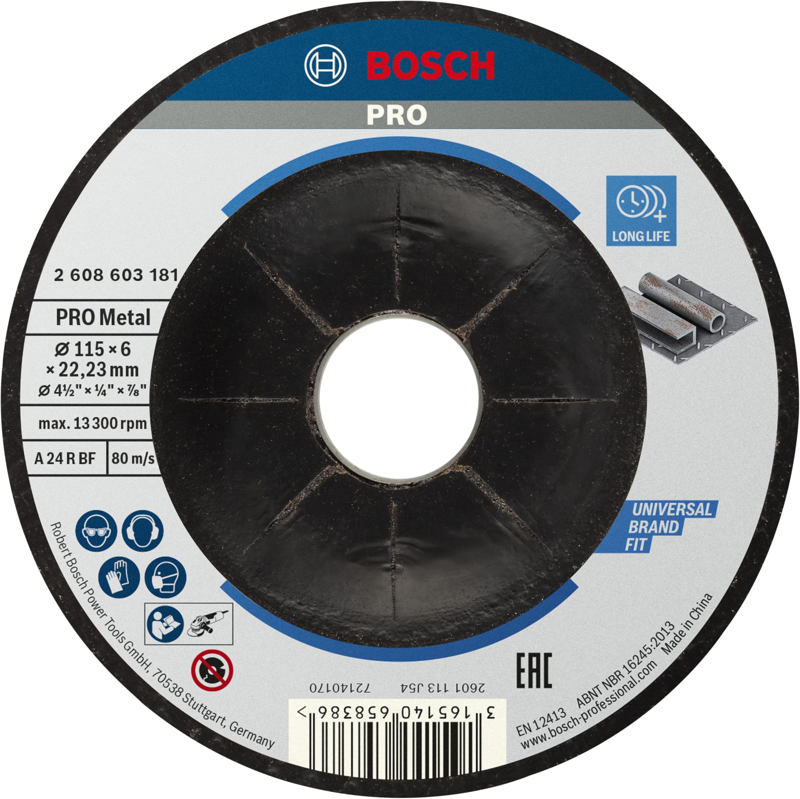 Bosch 1x PRO Metal Longlife Grinding Disc for Small Angle Grinder and Bore 22.23 mm (for Steel, Ø 115 mm, Professional Accessory Small Angle Grinder)