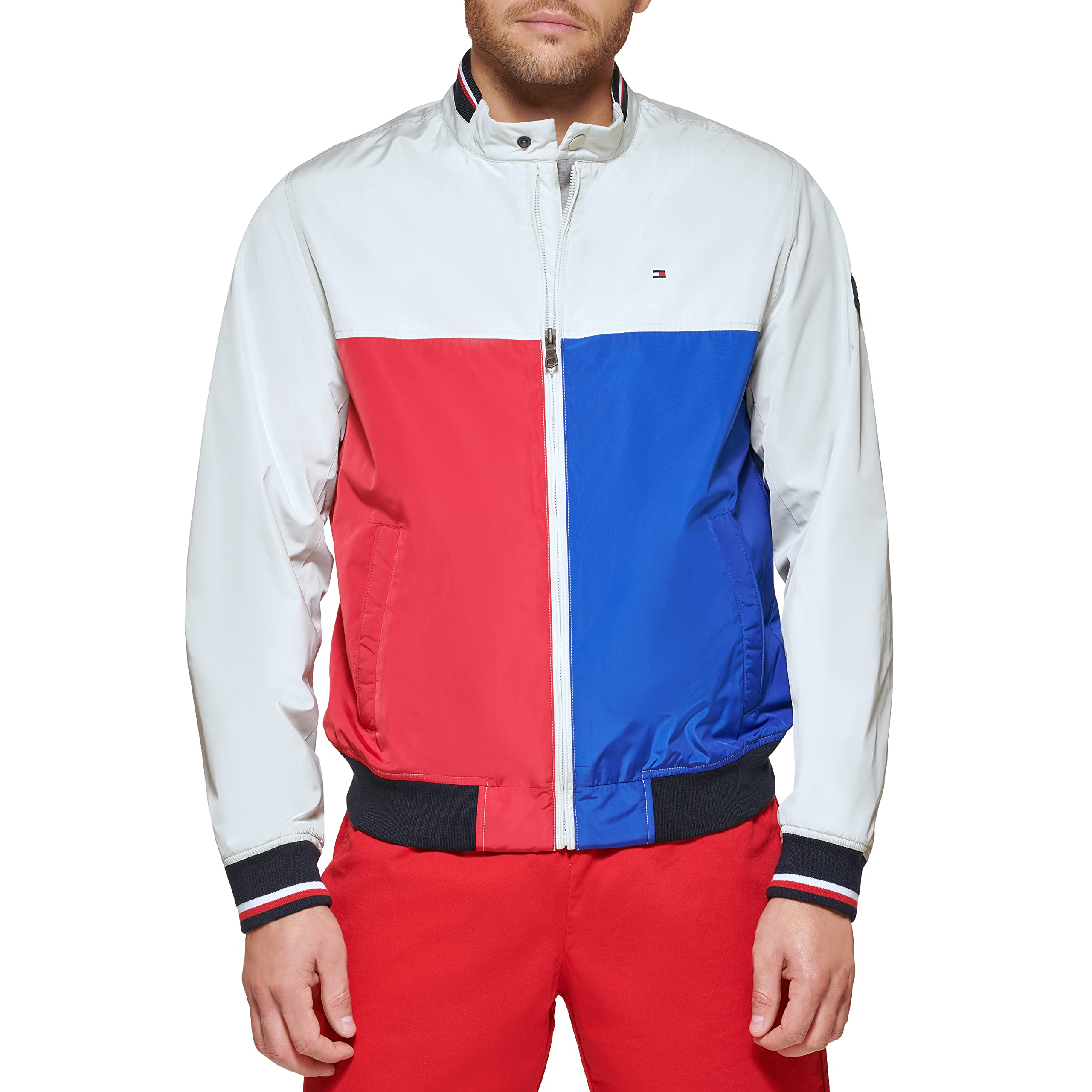 Tommy Hilfiger Men's Lightweight Varsity Rib Knit Bomber Jacket, Ice Combo, X-Large Image
