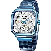 WENFVVIN Men's Automatic Self Winding Watch Luxury Superb Skeleton Technology Unique Style Square Wrist Watch with Stainless Steel Bracelet