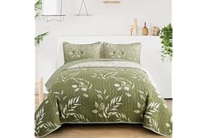 Anibedding Floral King Quilt Set,3 Piece Olive Green Flower Pattern Bedspread Coverlet Set for All Season,Gradient Green Soft Lightweight Microfiber Bedding Set (104"×90")