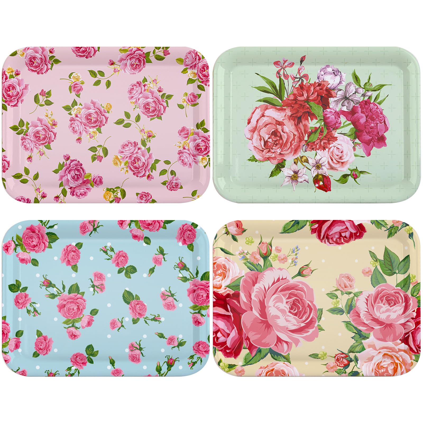 Photo 1 of Tiangrid 4 Pcs Melamine Serving Trays Platters Snack Trays Reusable Rectangle Platters for Sports Game Day Flower Tea Party Food Dessert Cookies Serving Plates Supplies, 13 x 9.7 Inch(Flower)