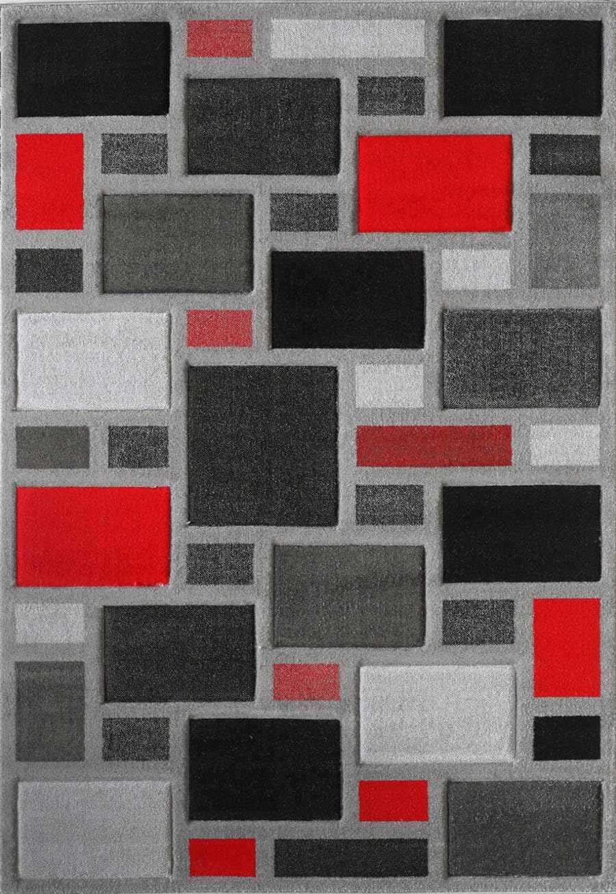 Silver Grey Red & Black Geometric Living Room Rug For Home Furniture, Floor Accessories - Large Carpet Bedroom Rugs (160x230cm)