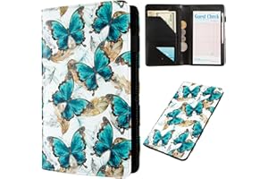 ANNAMISSI Server Books for Waitress,Cute Pocket Leather Money Organizer Wallet Note Pad Cash Bill Restaurant Guest Check Book Holder Pocket Presenter Fit Server Apron Waitress Book (Blue Butterfly)