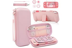 BRHE Pink Travel Carrying Case Accessories Kit for Switch Lite, Hard Protective Cover Skin Shell with Stand, Glass Screen Protector, Thumb Grip Caps 9 in 1