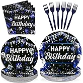96 Pcs Happy Birthday Party Supplies Blue and Black Birthday Decorations 350 GSM Disposable Black and Blue Birthday Party Plates and Napkins Set Blue Birthday Decorations for Men Boys Serves 24