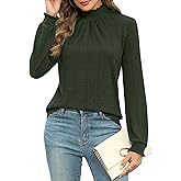 Micoson Womens Mock Neck Blouses Pleated Textured Shirts Long Sleeve Stretch Casual Tunic Tops Dressy Fashion Blouse