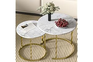 Cavoba Nesting Round Coffee Table Set of 2, Stacking Side Tables Marble Pattern Wooden Tabletop with Golden Metal Frame for Small Spaces, End Tables Set of 2 23.6"