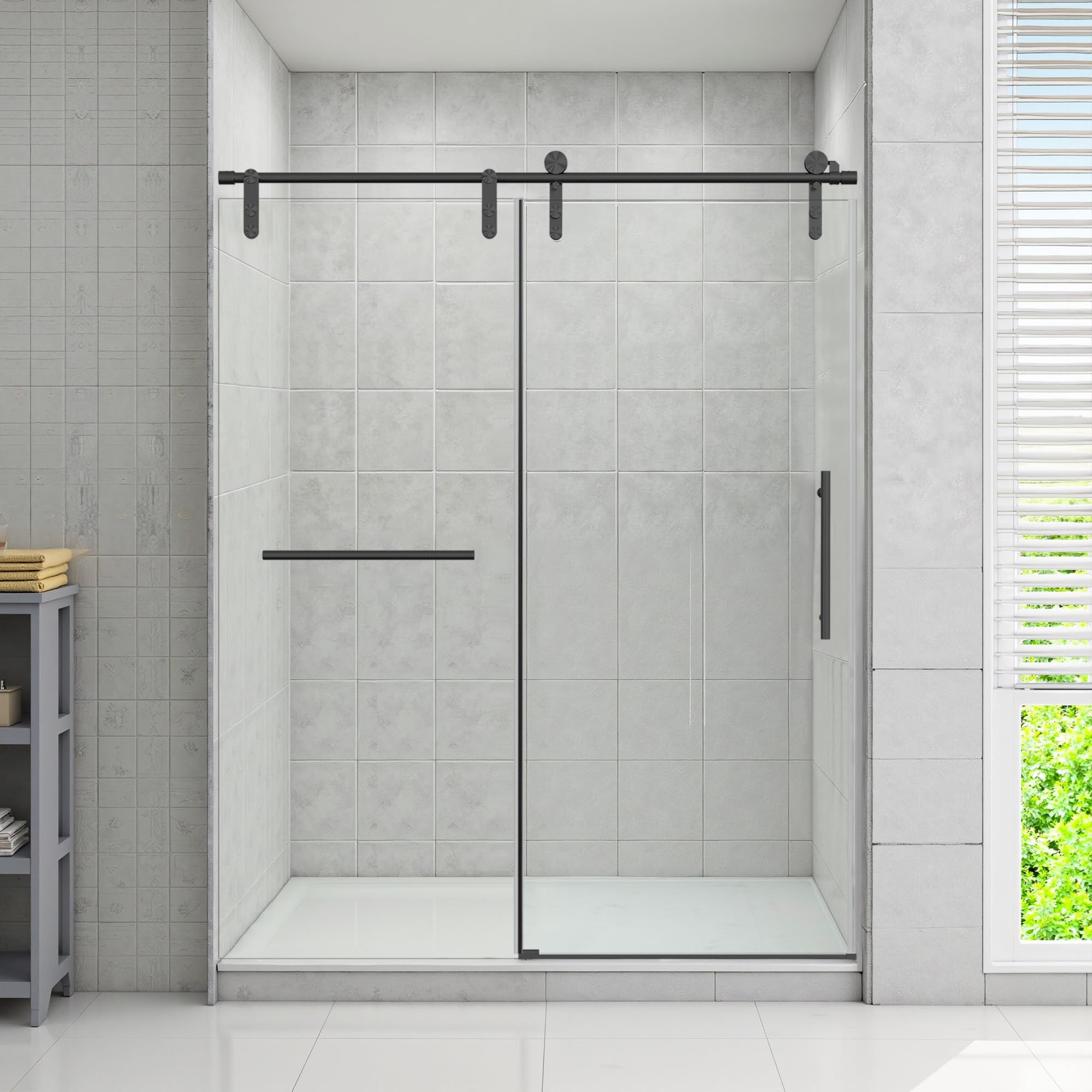 Photo 1 of Lyngins Frameless Shower Door 56-60" W x 76" H, Sliding Shower Door with 5/16" (8mm) Easy-to-Clean Treated SGCC Tempered Glass, Anti-Rust Stainless Steel Hardware, Matte Black
