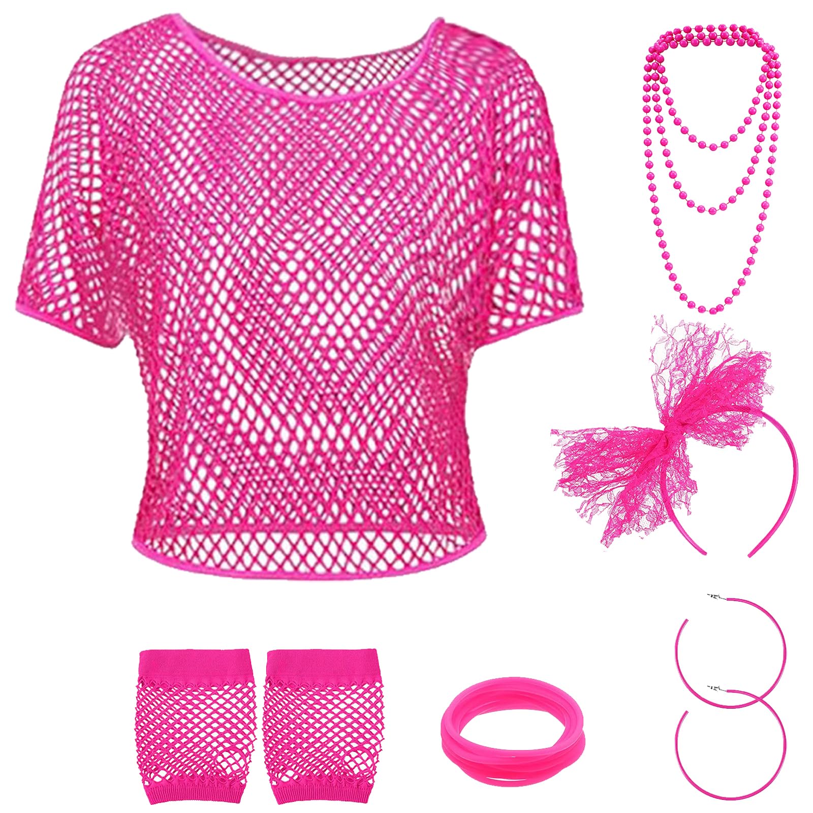 TYXHXTF 6Pcs 80s Fancy Dress Costume Accessories for Women, 1980s Retro Theme Party Set with Lace Headband Earrings Necklace Fishnet Glove Fishnet Top