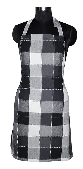 AIRWILL Cotton Yarn-Dyed Check Apron with Center Pocket, Adjustable Buckle on Top and 2