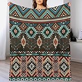Aztec Throw Blanket Turquoise Blue and Brown and Native American Tribal Pattern Soft Lightweight Warm Plush Blankets for Sofa Bedroom 30"x40"