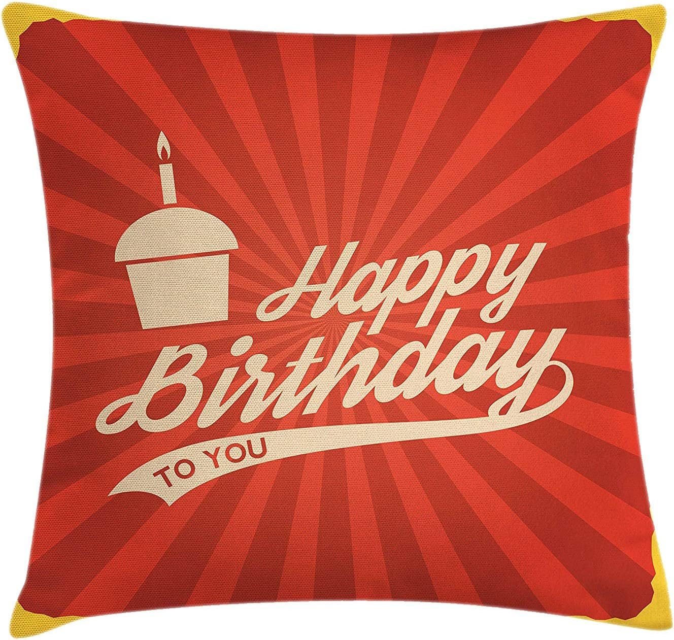Birthday Throw Pillow Cushion Cover, Burst of Stripes with Cheerful Party with Cupcake and Candles, Decorative Square Accent Pillow Case, Vermilion Yellow and Pale Peach24"