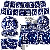 GREHUMOR 142Pcs 16th Birthday Tableware Decorations for Boys Sliver Blue Happy 16 Birthday Party Supplies Disposable Tablecloth,Plates,Napkins,Cups,Forks and Knives for Boys 16th Birthday Party