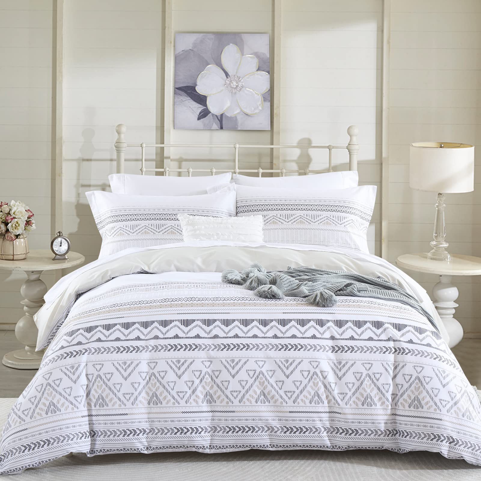 Photo 1 of CozyQQ Boho Duvet Cover Queen - 100% Organic Cotton 400TC Soft Aztec White Summer Queen Duvet Cover Set, 3 PCS, 1 Bohemian Duvet Cover with Zipper & 2 Pillow Shams (90x90, No Comforter)