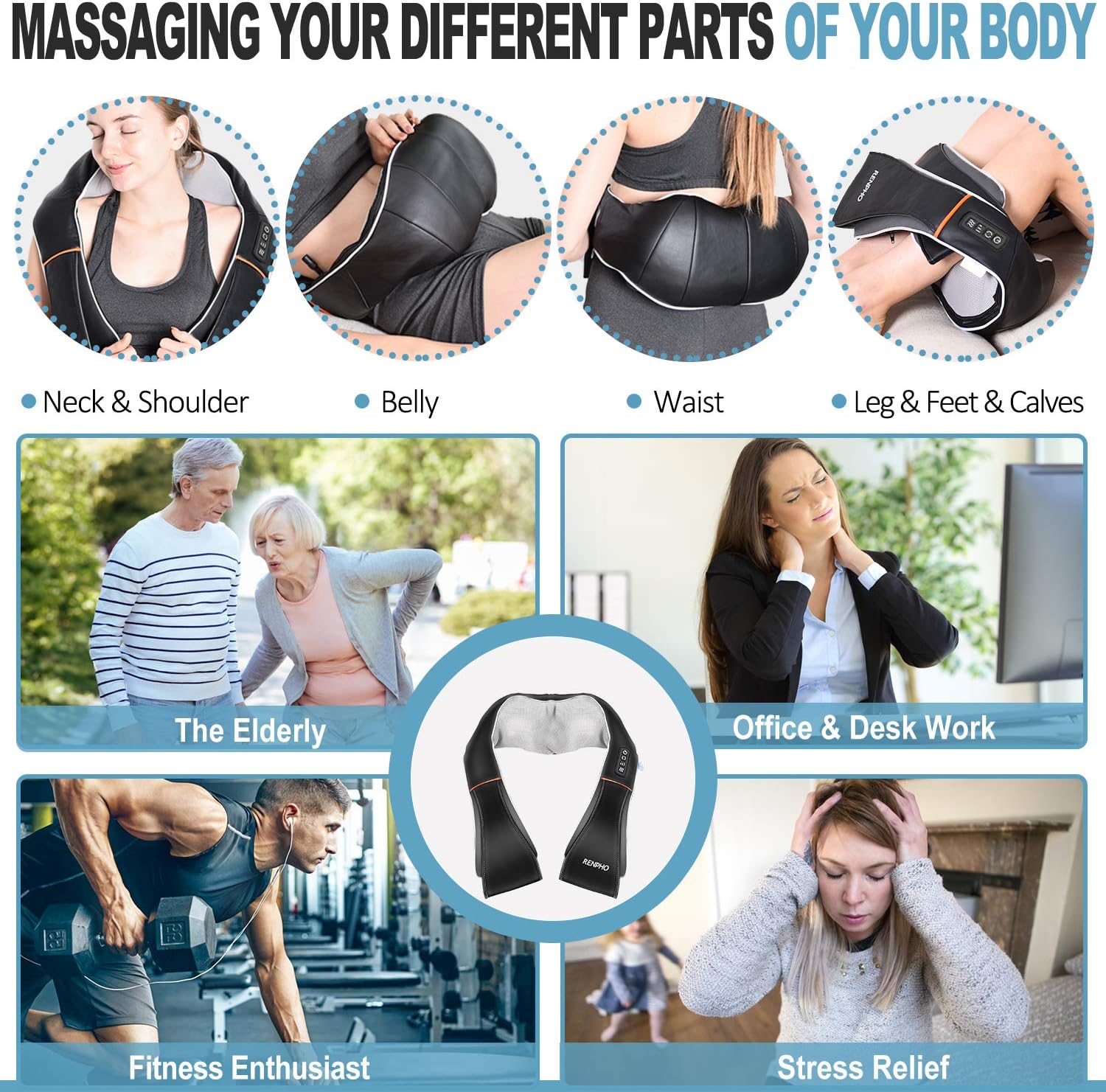 RENPHO Shiatsu Neck and Shoulder Back Massager with Heat, Electric Vibration Deep Tissue 3D Kneading Massage Pillow for Relief on Waist, Leg, Calf, Foot, Arm, Belly, Full Body, Muscles: Health & Personal Care