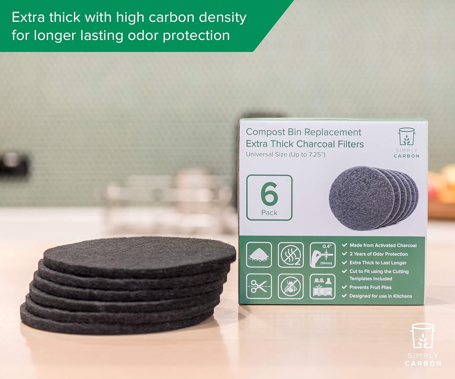 2 Years Supply Extra Thick Filters for Kitchen Compost Bins - Longer Lasting Activated Charcoal - Universal Size Fits ALL Compost Bins up to 7.25" Filter Size - Replacement Set of 6 (by Simply Carbon) : Garden & Outdoor