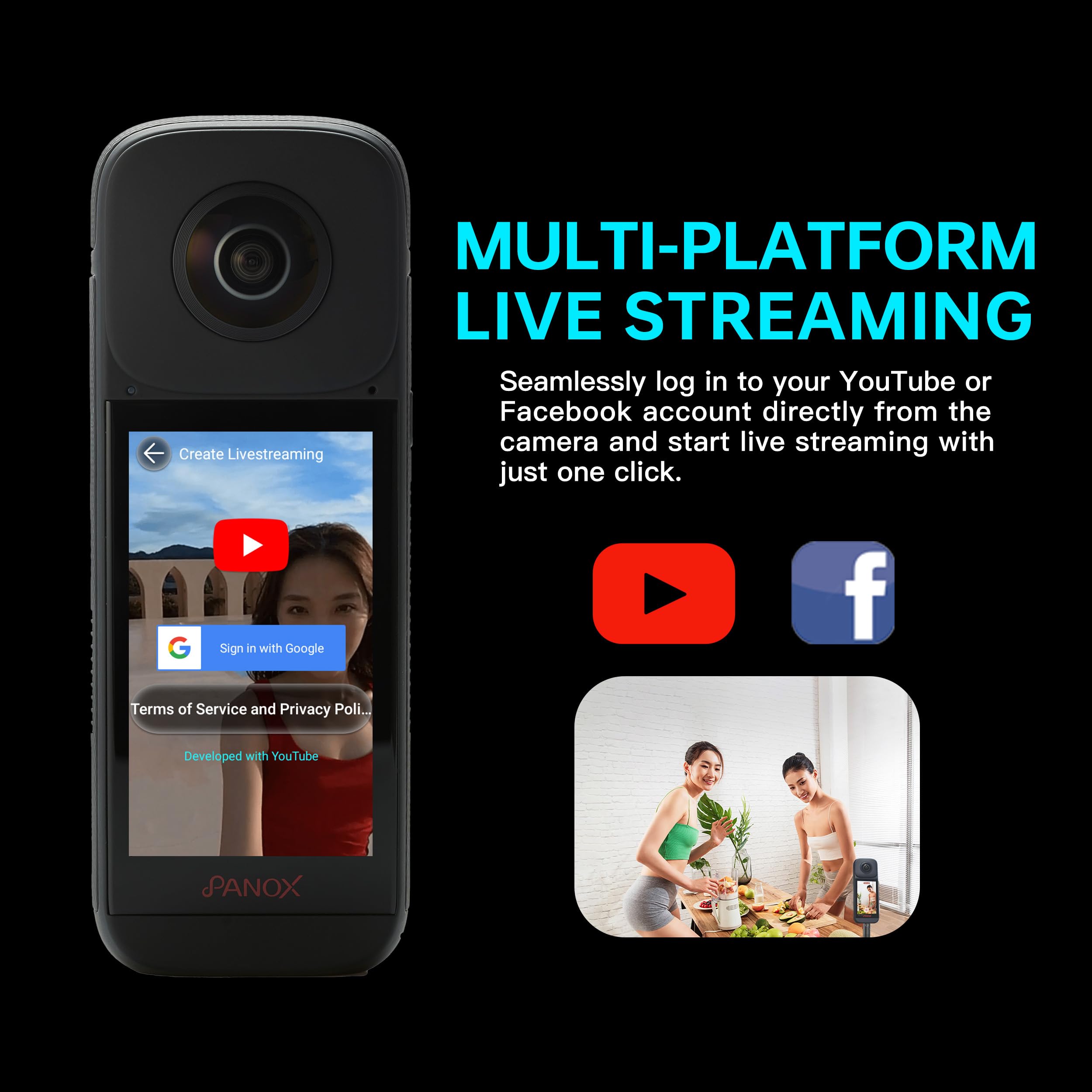 PANOX V2 360 Camera for Motorcycle - 72MP Photo, 5.7K Video, 4K Live 360° Camera, GPS Panorama, Android 10 OS, AI Editing, Stabilization, and Multi-Platform Live Streaming