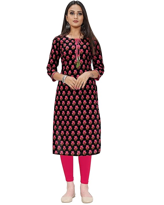 Women's Black Coloured Pure Cotton Jaipuri Printed Kurti (Ready To Wear)