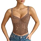 LEACOOLKEY Lace Corset Top for Women Sexy Sheer Floral Bustier Going Out Lace-up Bralette Club Party Concert Crop Top
