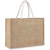 RAINFLOW Burlap Tote Beach Bag - Jute Bags with Handles Medium Straw Beach Bag 13x9.4x4.7inch Reusable Tote for Shopping, Travel, Swim Perfect as Bridesmaid Gift, DIY Craft Bag Practical Gift Option