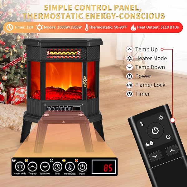 REALSMART ELECTRIC FIREPLACE HEATER 22 IN FREESTANDING FIREPLACE STOVE INFRARED FIREPLACE WITH 3D FLAME EFFECT REMOTE CONTROL, TIMER, OVERHEATING PROTECTION HEATER FOR INDOOR USE BROWN