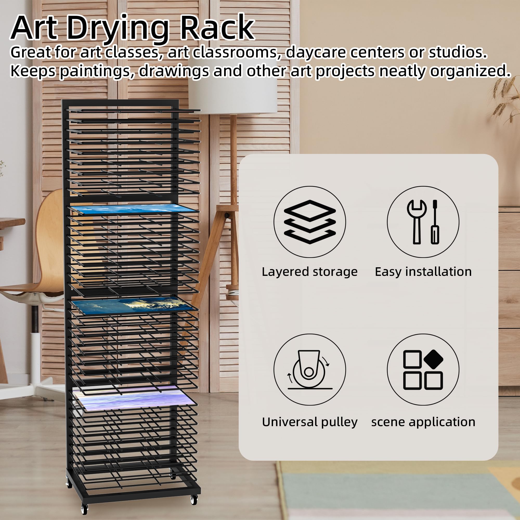 Art Drying Rack with Lockable Wheels, Painting Drying Rack with 36 Removable Shelves, Canvas Rack Art Storage for Classrooms, Art Clubs, Art Studio, 13 3/4
