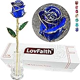 LovFaith Valentine Gift Real Rose Dipped 24K Gold with Crystal Stand, Best Anniversary Rose Gift for Her Wife Mother Birthday Christmas (A9. Original Rose - Royal Blue)