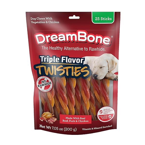 DREAMBONE TRIPLE FLAVOR TWISTIES, 25 COUNT, RAWHIDE-FREE DOG CHEWS MADE WITH REAL BEEF, PORK & CHICKEN, 7.05 OUNCE (PACK OF 1)