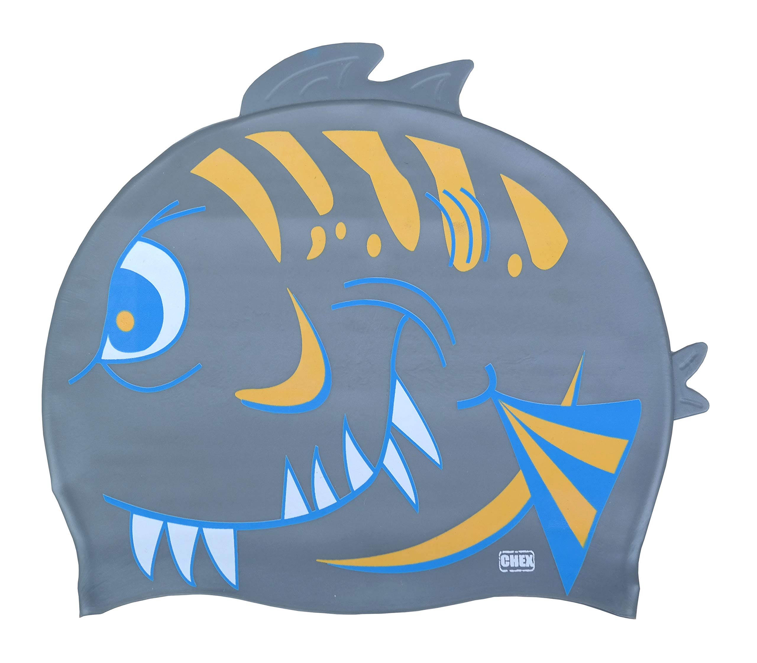 CHEX Stretchy Silicone Unisex Girls Boys 3-7 Years One Piece Swimming Hat Swim Cap Angry Fish Teeth Double Fin Print Design One Size Pull On Swim Hat (Silver)